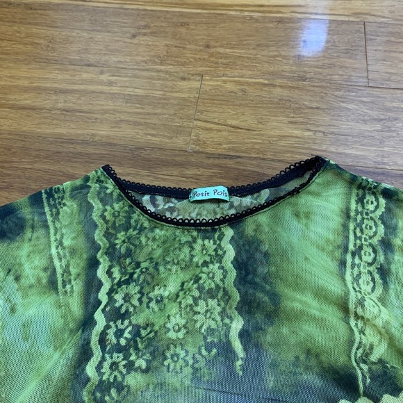 Petit Pois Green‎ Mesh Lace Beaded Long Sleeve Y2K Fairycore Top Shirt Sheer - Picture 2 of 5